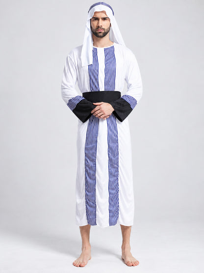 Sheikh Costume: Long Striped Robe, Headscarf, Belt