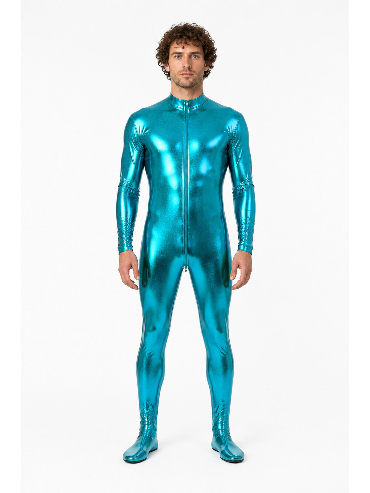 Glossy form-fitting jumpsuit with a zipper for the stage