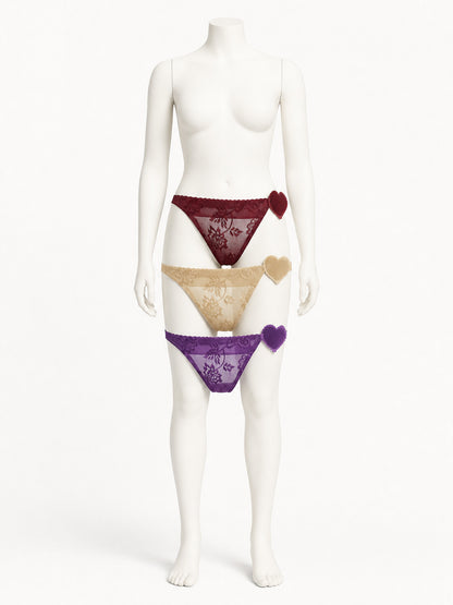 Lace triangle panties, 3-pack (burgundy, nude, purple)