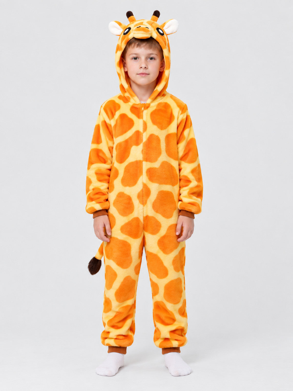 Orange Hooded Pajama Jumpsuit with Giraffe Face