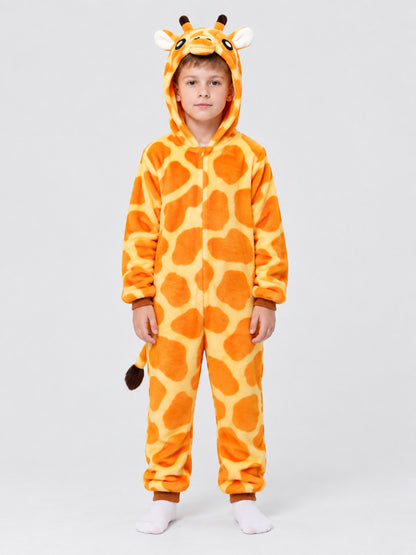 Orange Hooded Pajama Jumpsuit with Giraffe Face