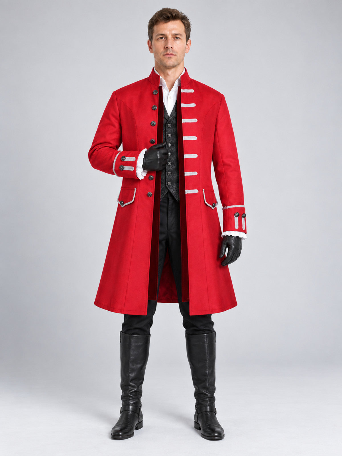 Long Red Frock Coat with Contrasting Trim