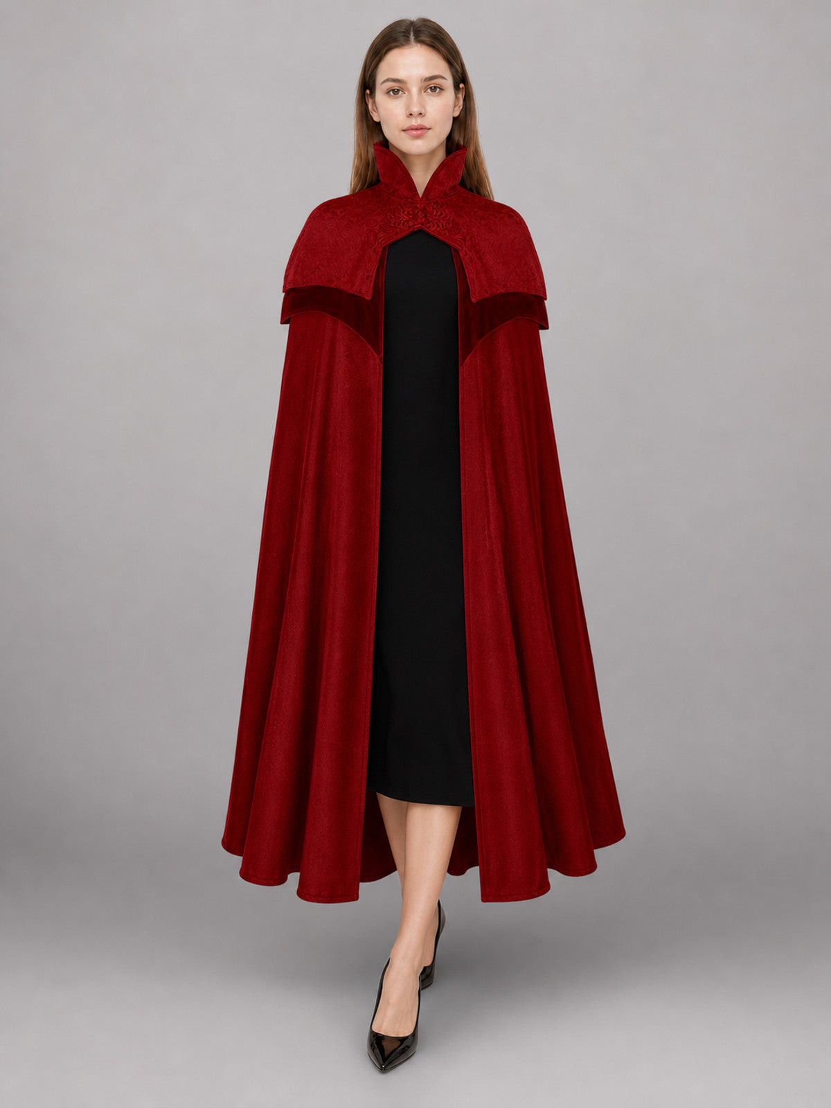 Dark Red Carnival Cape with Hood front view