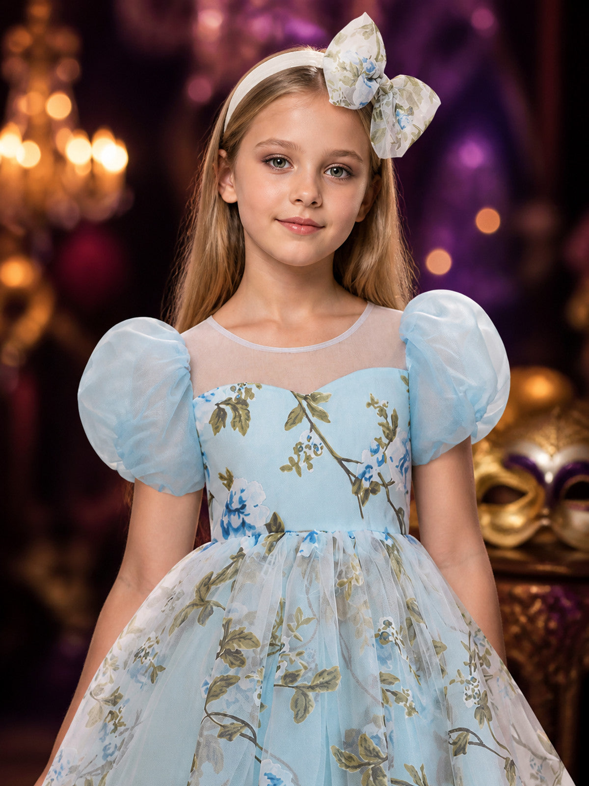Girls' Floral Princess Party Dress With Puff Sleeves, Tulle Skirt & Bow Headband on-model view
