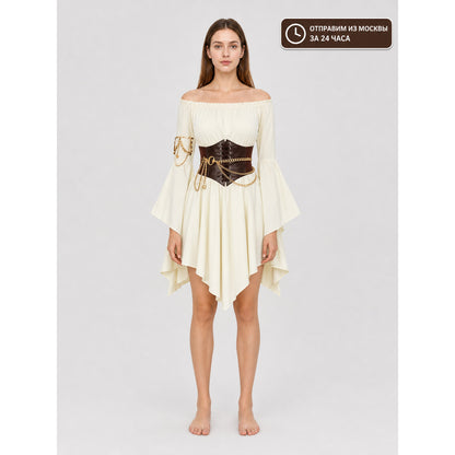 Off-the-Shoulder Dress with Lace-Up Belt