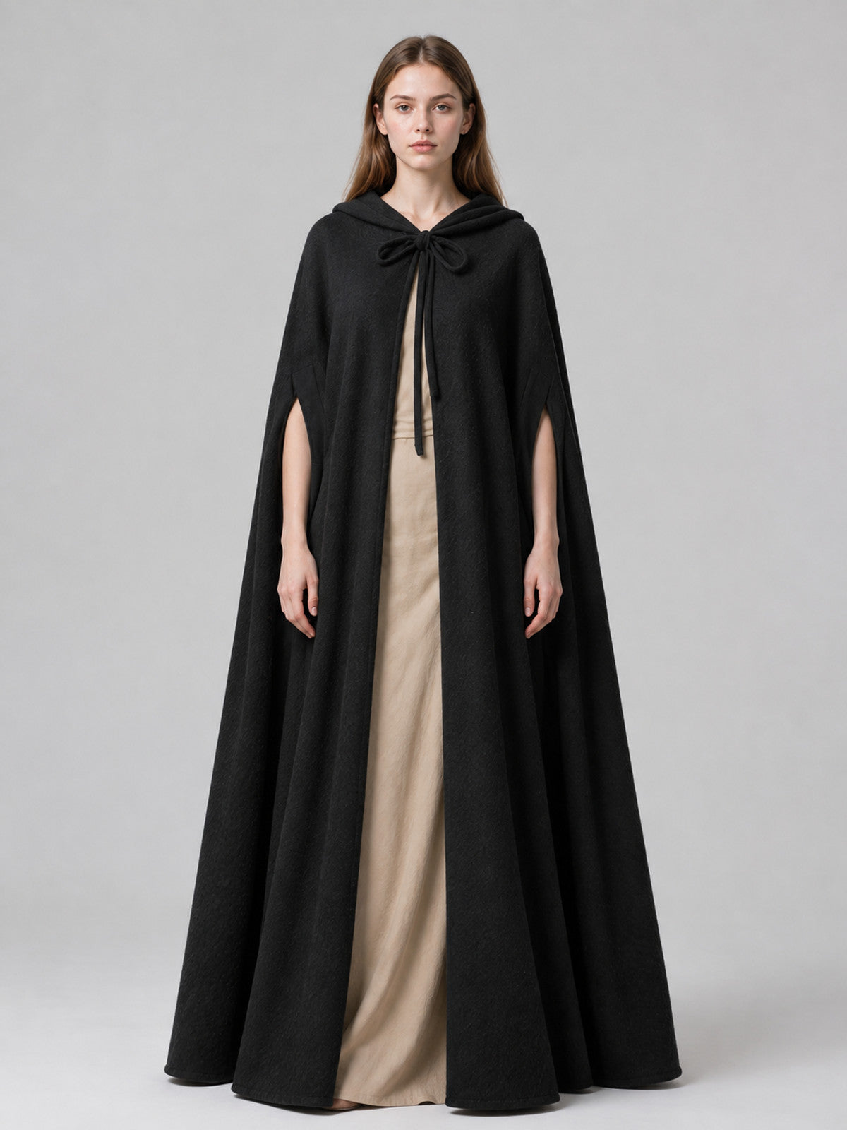 Black Hooded Suede-Look Velour Cape on-model view