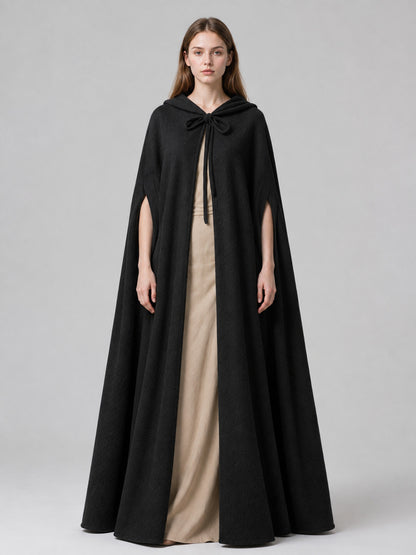 Black Hooded Suede-Look Velour Cape on-model view