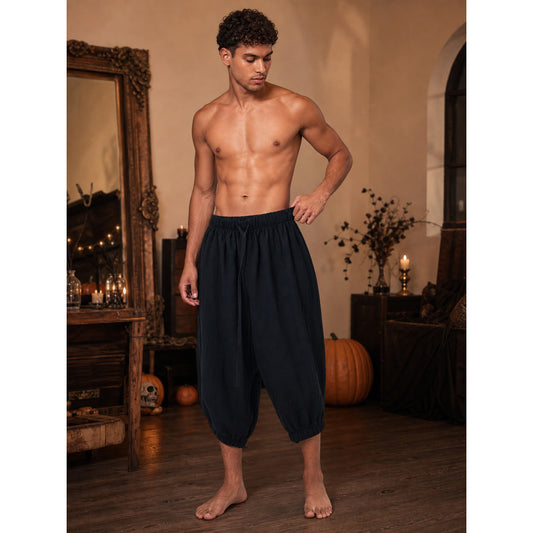 Black Cotton-Linen Cropped Pants, Loose Baggy Relaxed Fit, Elastic Waistband, Cuffed Hem, Casual Everyday Wear