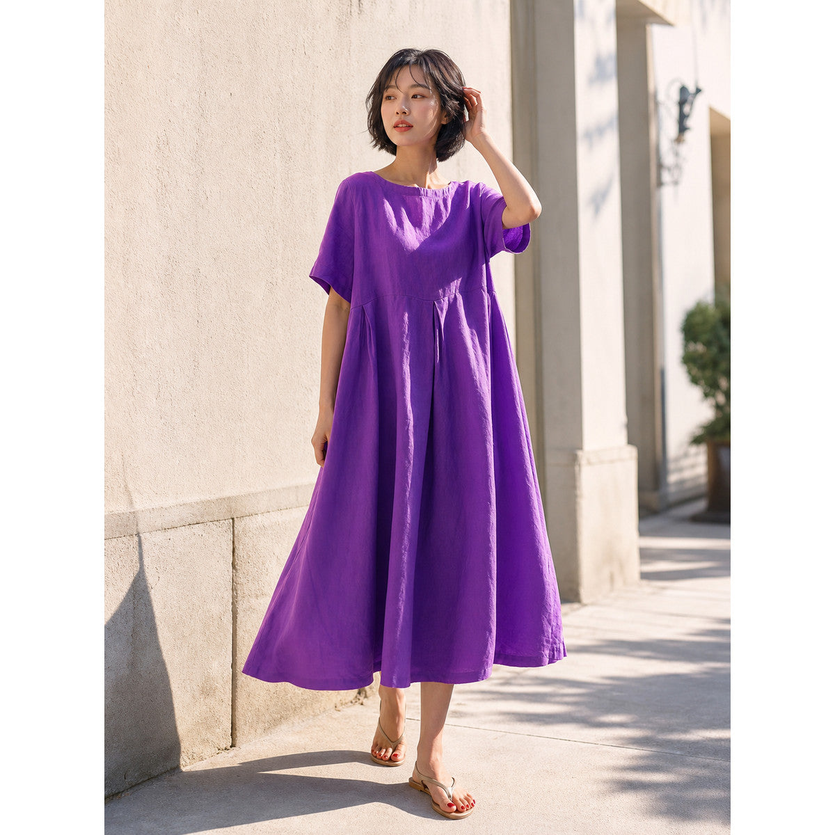 Women's Purple Loose A-Line Dress with Short Sleeves