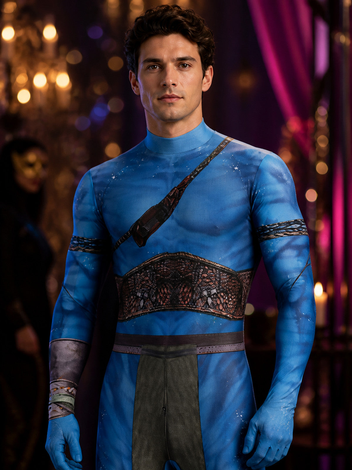 Blue Alien Character Bodysuit Costume, Armor Print with Tail, Halloween Cosplay on-model view
