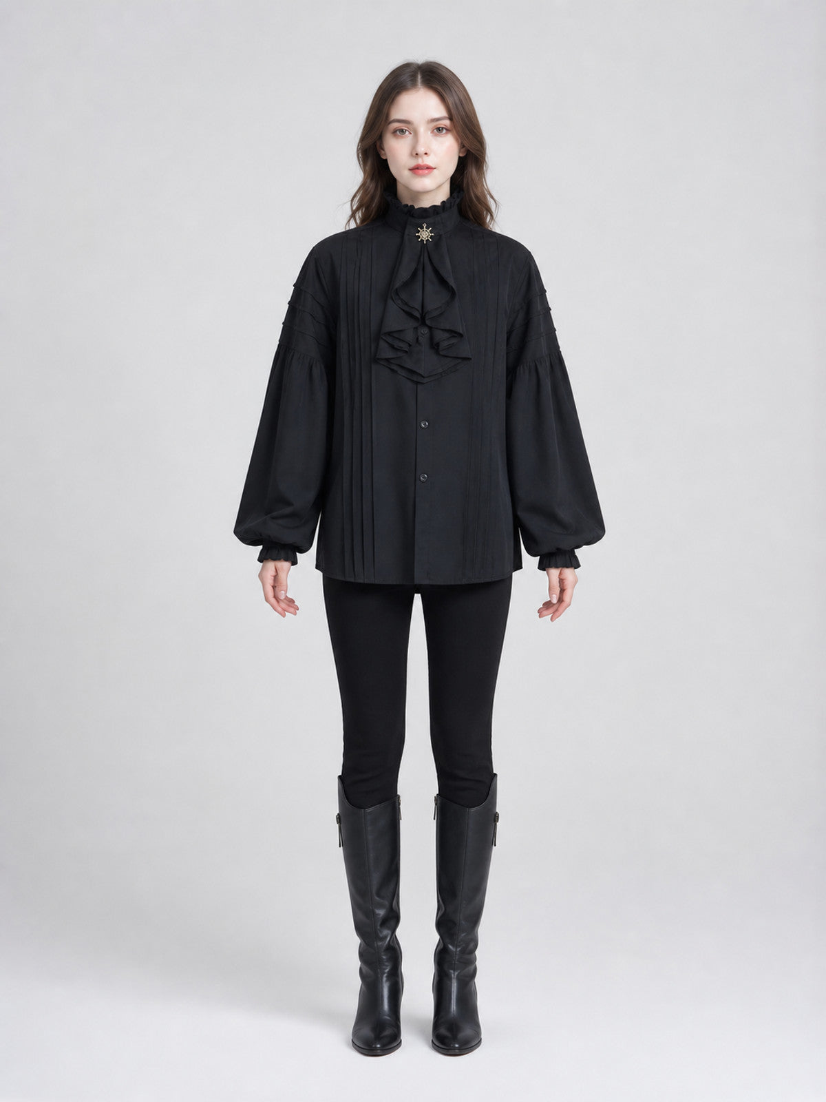 Black cosplay shirt with a high collar front view