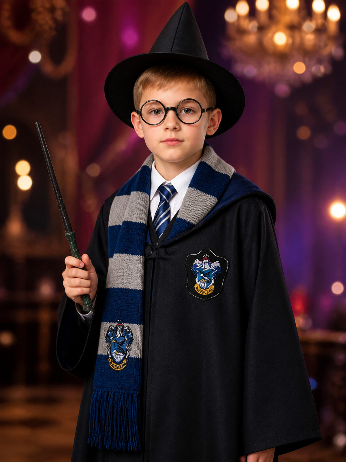 Wizard Robe Costume Set with Scarf, Tie, Hat, Glasses and Wand - Halloween
