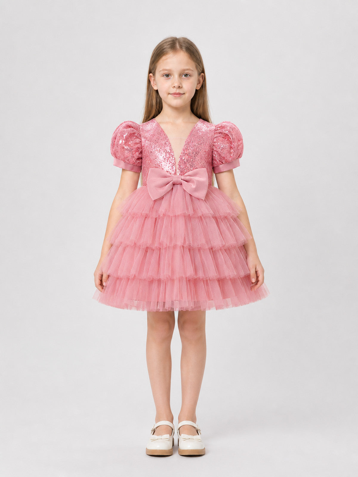 Pink Party Dress with Sequins and a Full Skirt on-model view