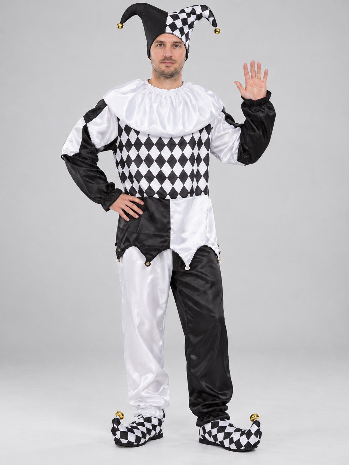 Black and White Clown Costume with Plaid Pattern and Cap