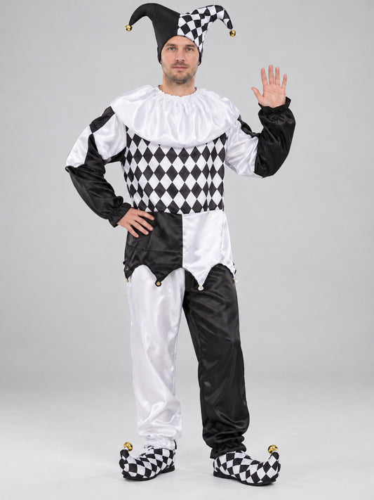 Black and White Clown Costume with Plaid Pattern and Cap