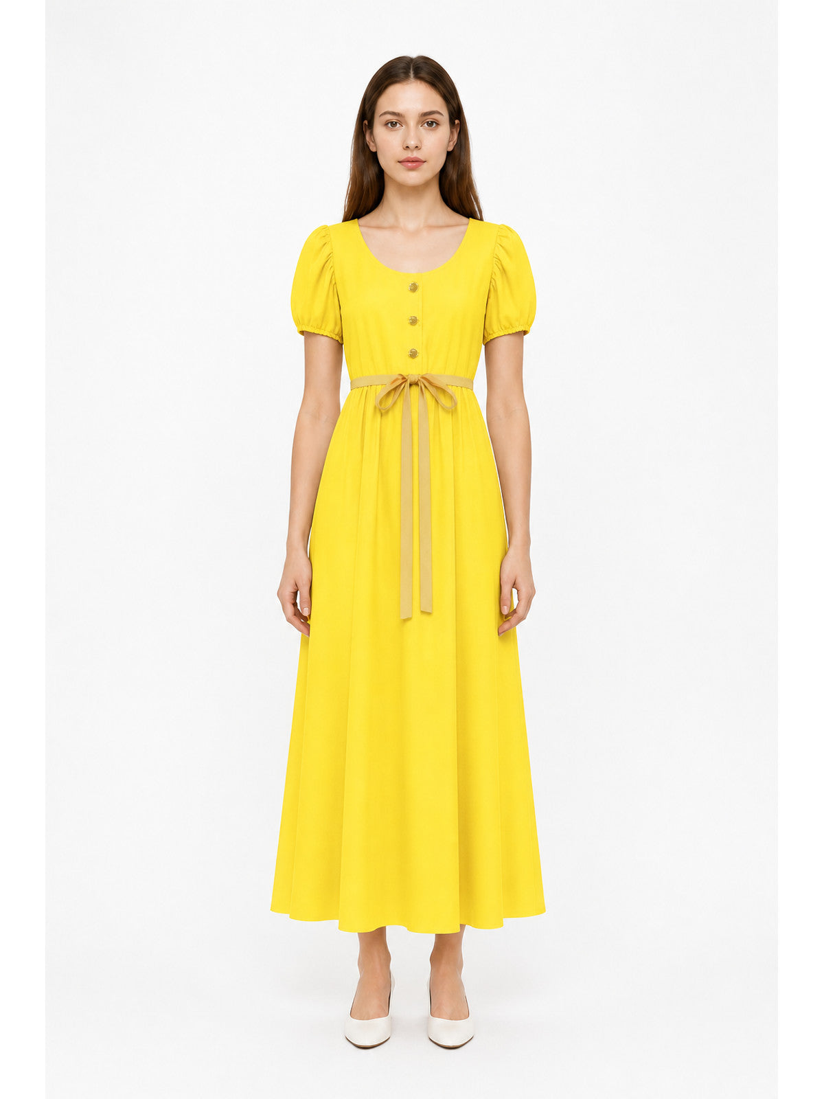 Long Yellow Button-Front Dress with Drawstring main product view