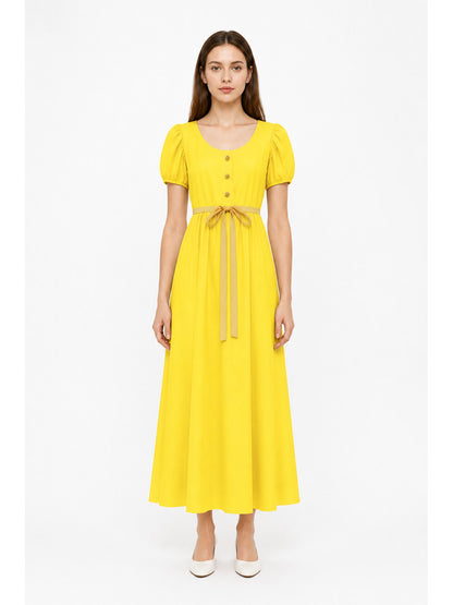 Long Yellow Button-Front Dress with Drawstring main product view
