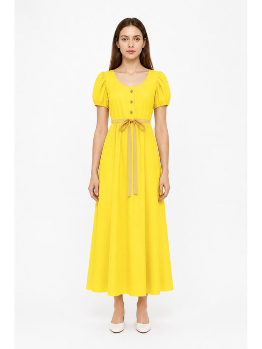 Long Yellow Button-Front Dress with Drawstring main product view