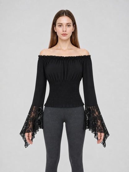 Black off-the-shoulder blouse with ruffles and long sleeves front view