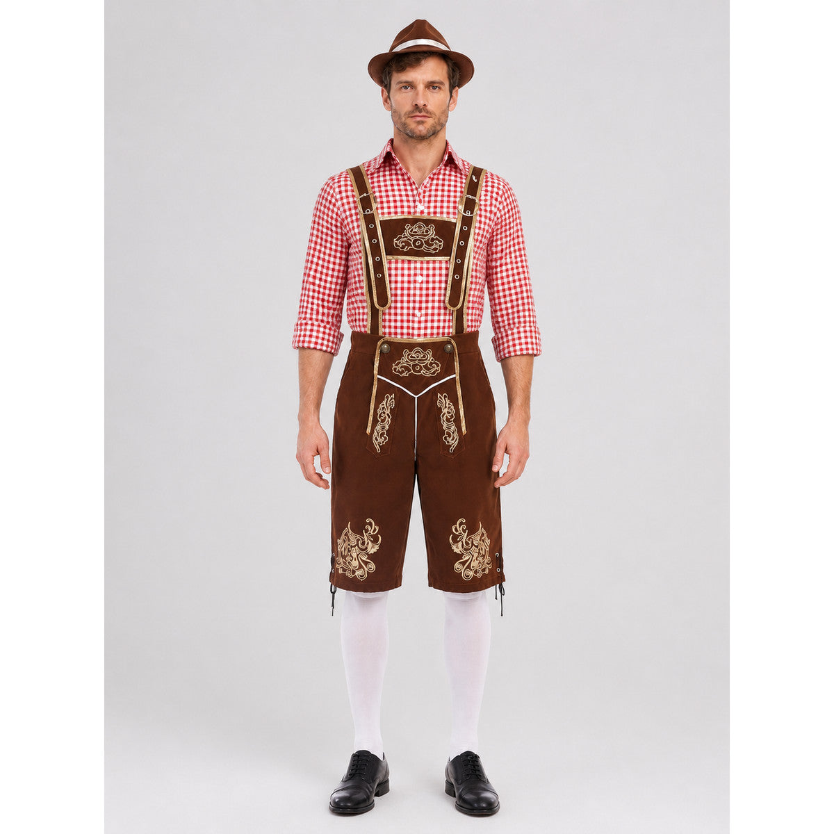 Bavarian Costume with Embroidery: Shirt, Shorts, and Hat on-model view