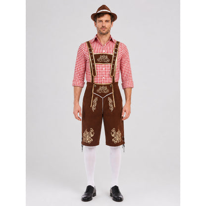 Bavarian Costume with Embroidery: Shirt, Shorts, and Hat on-model view