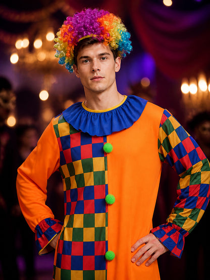 Unisex Adult Jester Costume Jumpsuit, Colorful Checkered with Hat for Halloween on-model view