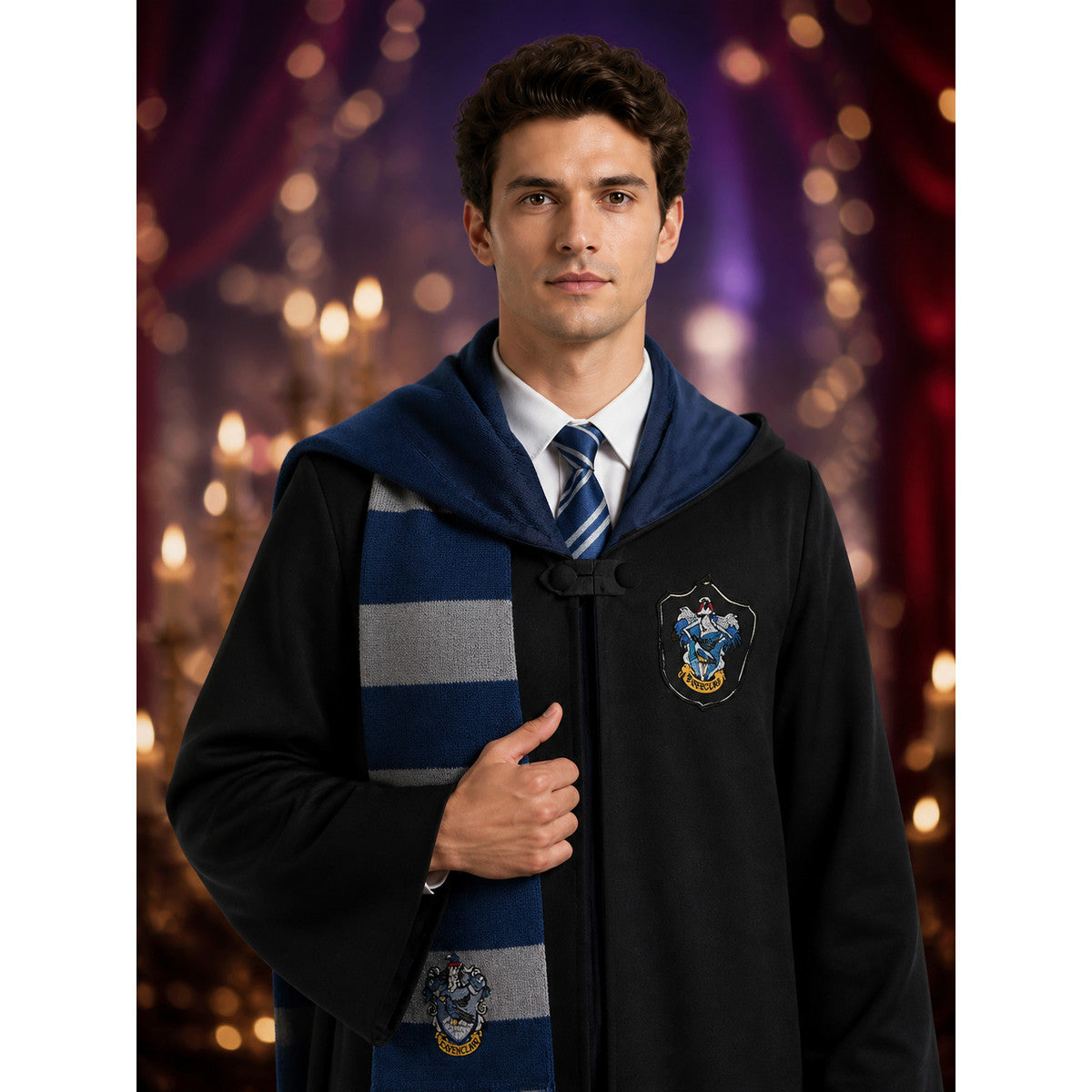 Ravenclaw Wizard Robe Costume Set with Hooded Cloak, Scarf and Tie on-model view