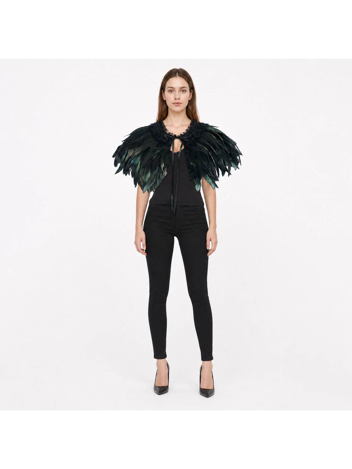 Halloween Costume Black Feather Cape with Lace Collar and Front Center Long Tie