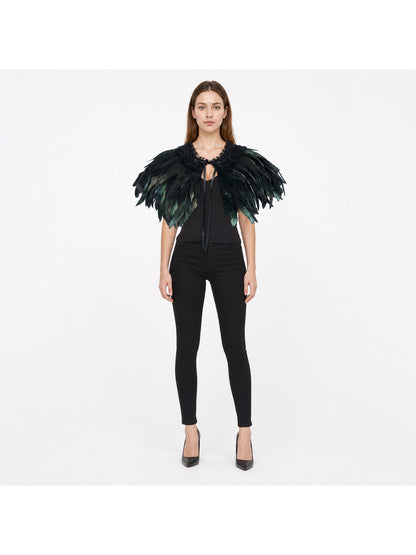 Halloween Costume Black Feather Cape with Lace Collar and Front Center Long Tie