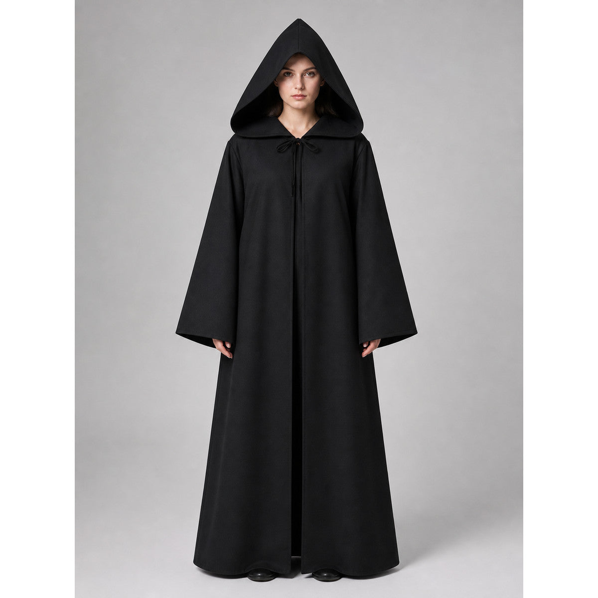 Long Black Hooded Carnival Cloak on-model view
