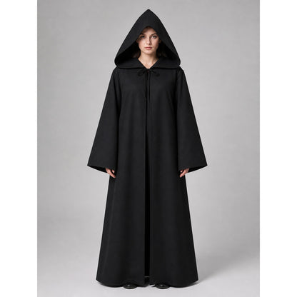 Long Black Hooded Carnival Cloak on-model view