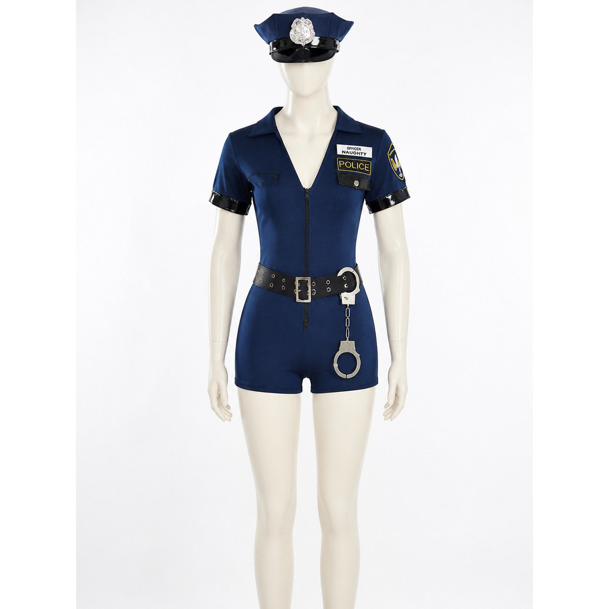Women's Navy Police Costume Bodysuit Set With Hat, Belt And Handcuffs on-model view