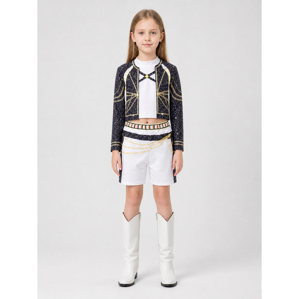 Children’s Black, White, and Gold Costume with Top and Shorts on-model view