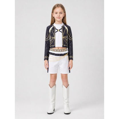 Children’s Black, White, and Gold Costume with Top and Shorts on-model view