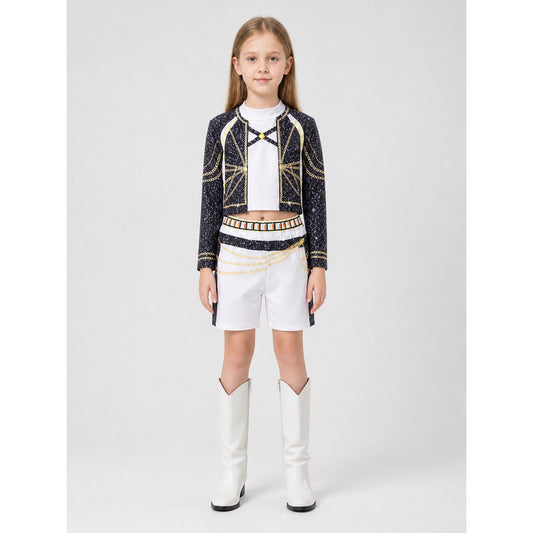 Children’s Black, White, and Gold Costume with Top and Shorts on-model view