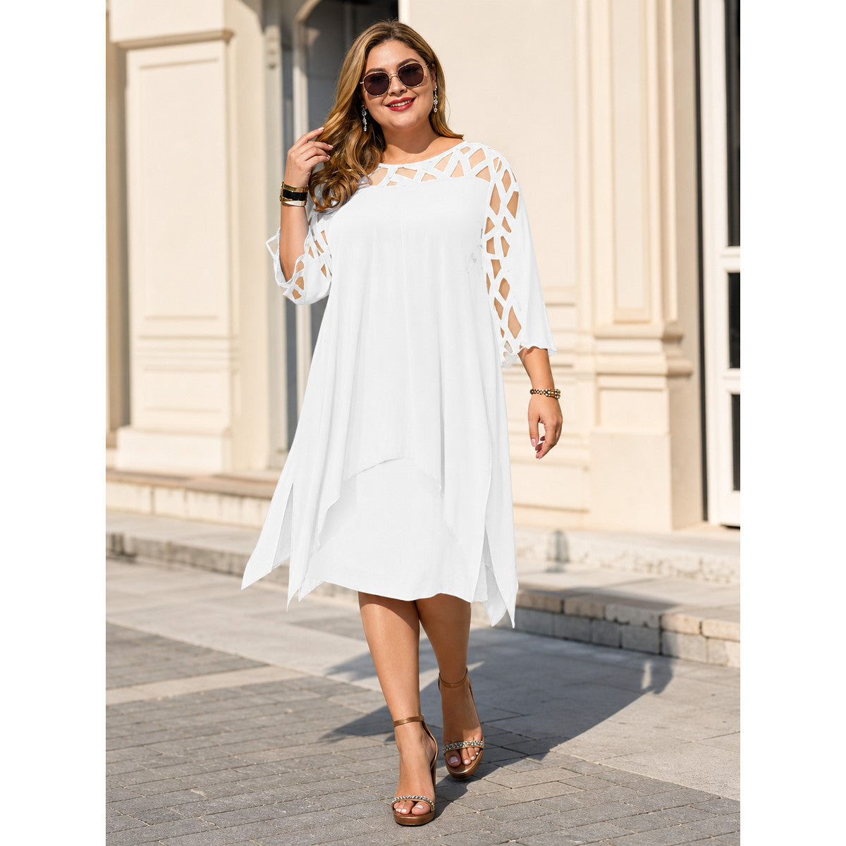 White Midi Dress with a Loose Fit and Cutouts main product view
