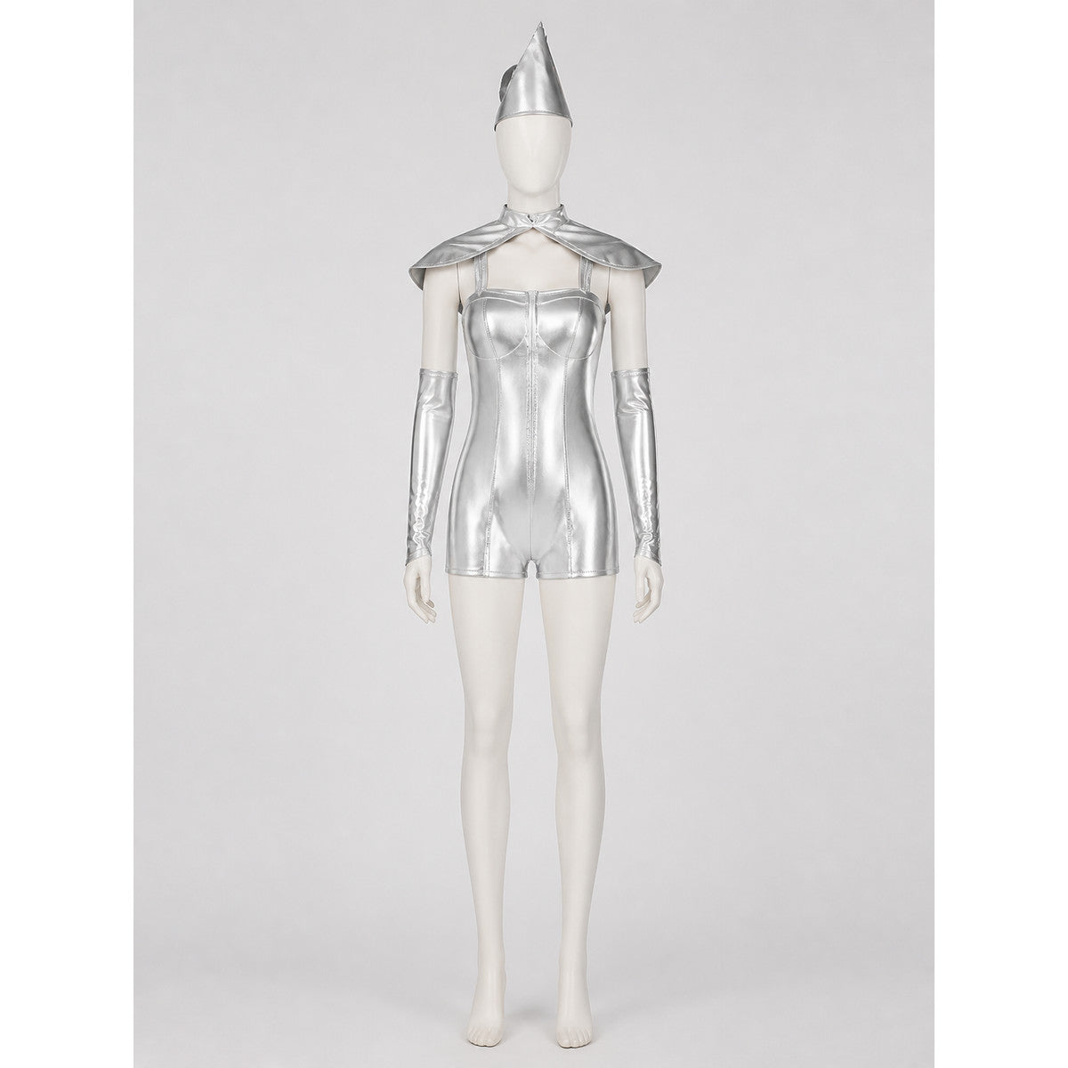 Silver cosplay romper with wings on-model view