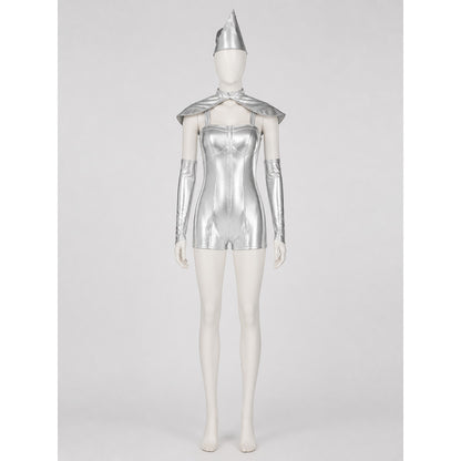 Silver cosplay romper with wings on-model view