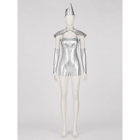 Silver cosplay romper with wings on-model view