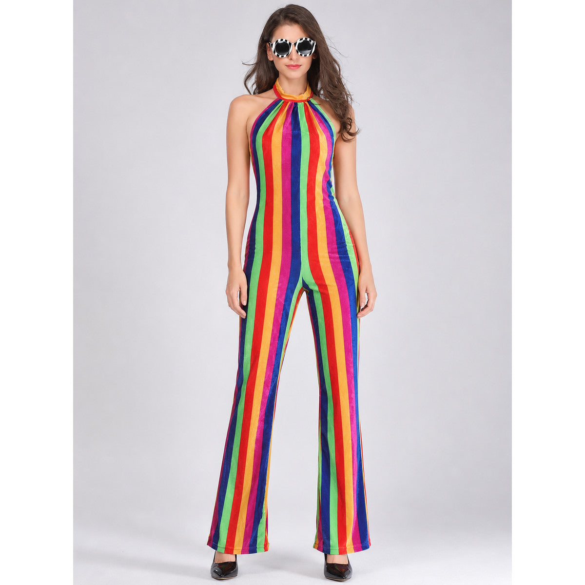 Multicolored Striped Jumpsuit with a High Collar