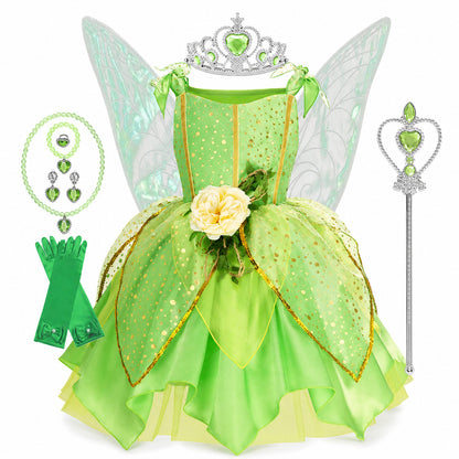 Girls' Green Forest Princess Dresses Fairy Elf Skirt Summer Glitter Mesh Princess Skirt Kid's Role Playing Performance Dress Set - Color:Fairy set 5
