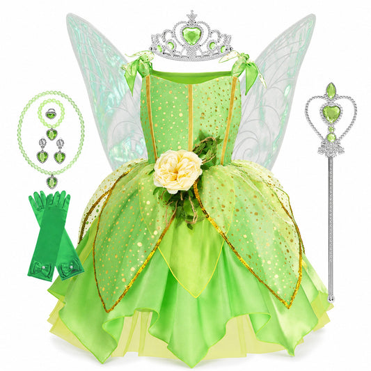 Girls' Green Forest Princess Dresses Fairy Elf Skirt Summer Glitter Mesh Princess Skirt Kid's Role Playing Performance Dress Set - Color:Fairy set 5