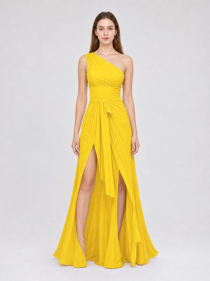 Yellow Chiffon One-Shoulder Evening Dress front view