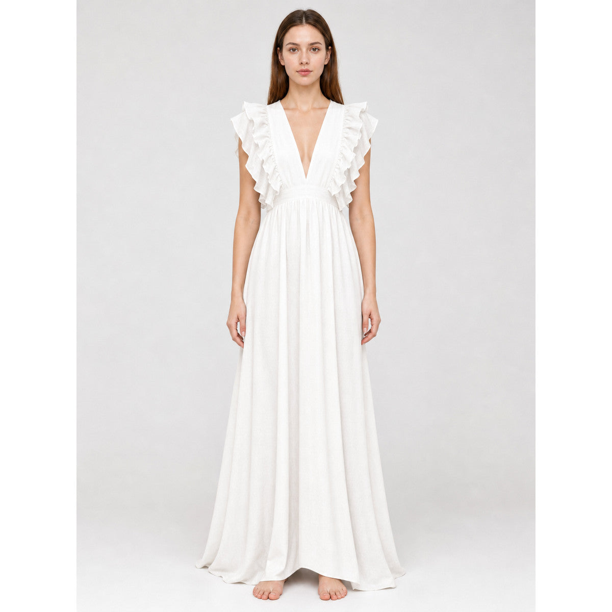 White Floor-Length Dress with a V-Neckline and Ruffled Sleeves