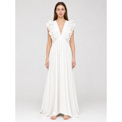 White Floor-Length Dress with a V-Neckline and Ruffled Sleeves