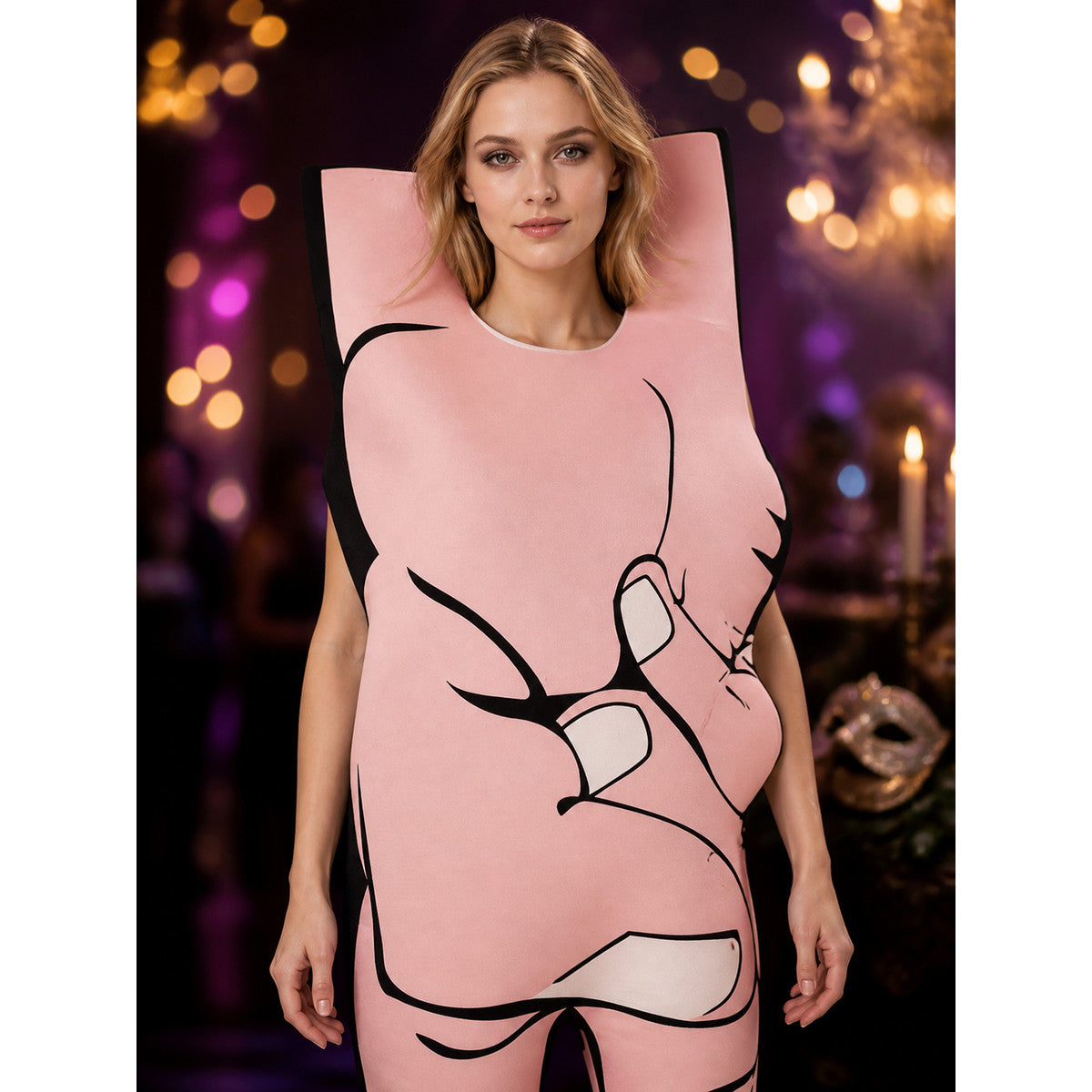Unisex Pink Scissor Hands Cartoon Bodysuit Costume, Black Outline Halloween on-model view