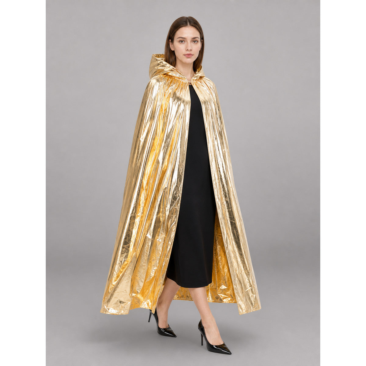 Gold Hooded Carnival Cloak for the Stage front view