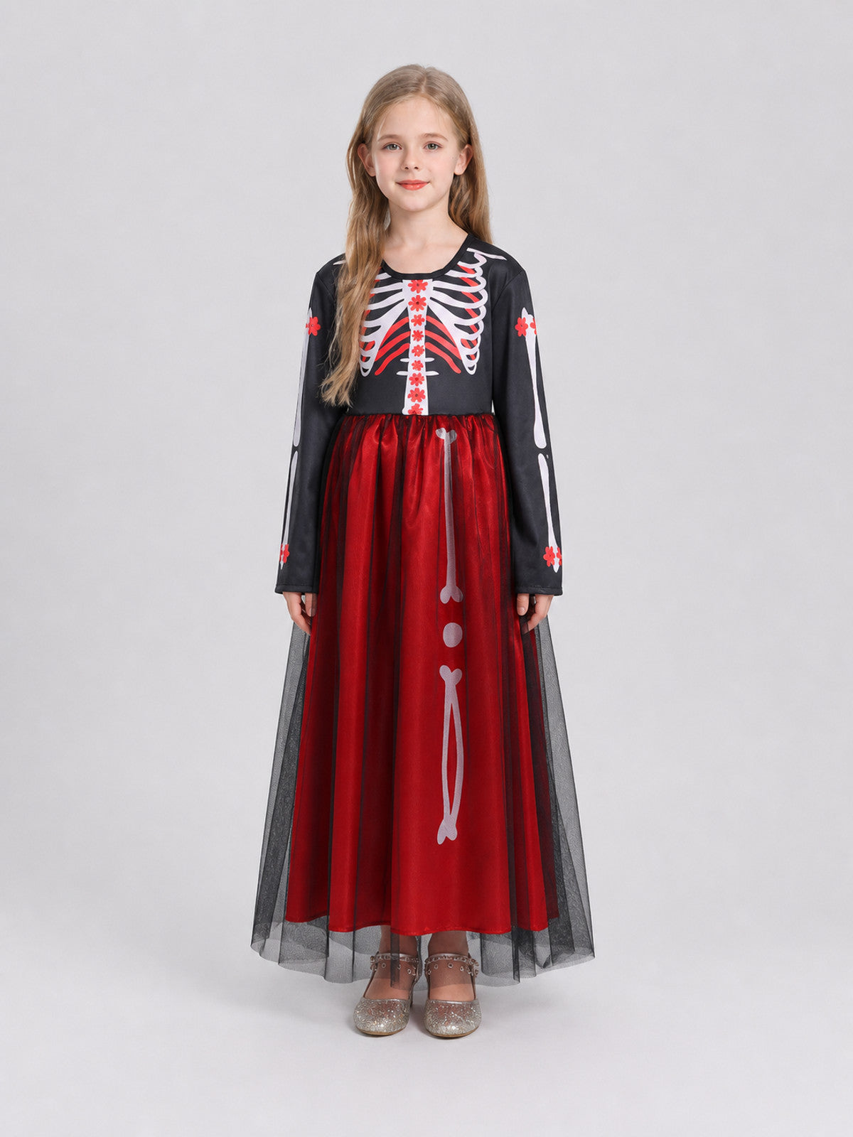 Halloween Skeleton with Roses Black and Red Dress on-model view