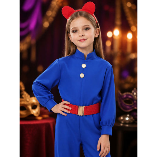 Kids Willy Wonka Blue Jumpsuit Costume Set with Red Ears Headband & Belt on-model view