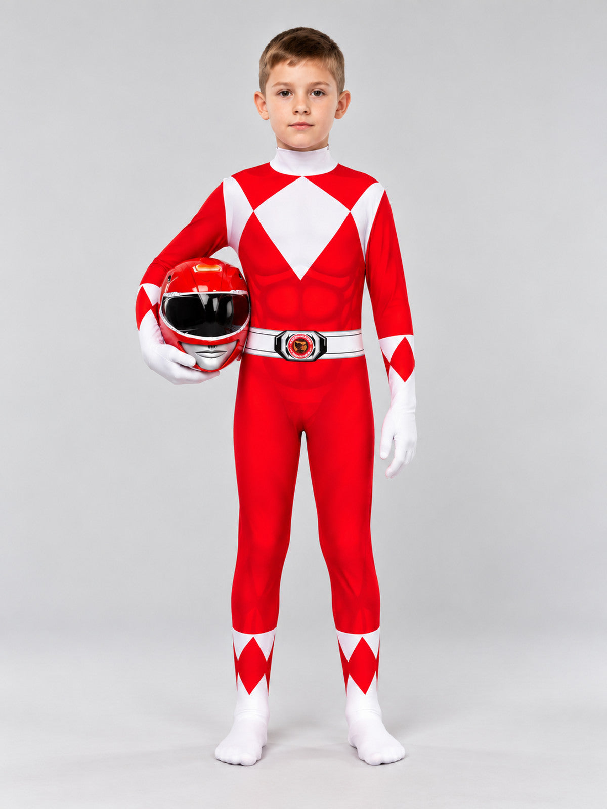 Red and White Carnival Costume Jumpsuit with Helmet Mask